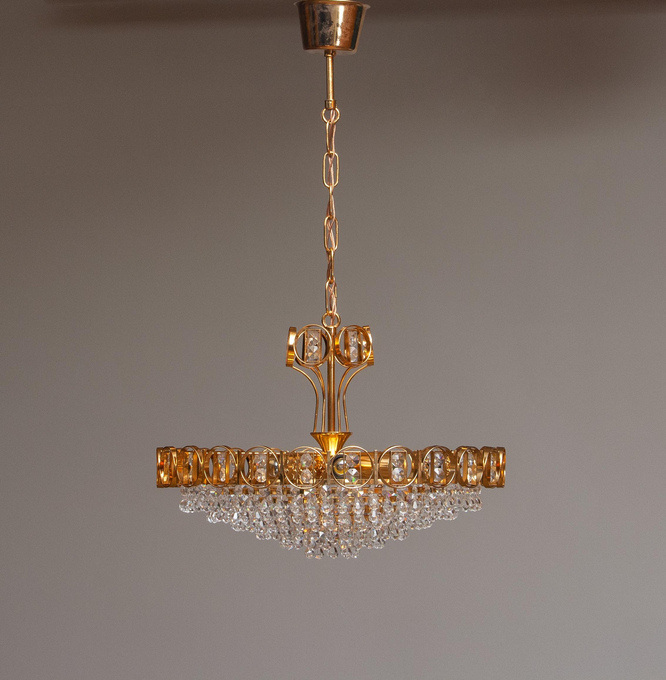 1970s, Gold-Plated Brass Chandelier with Faceted Crystals Made by Palwa, Germany 2