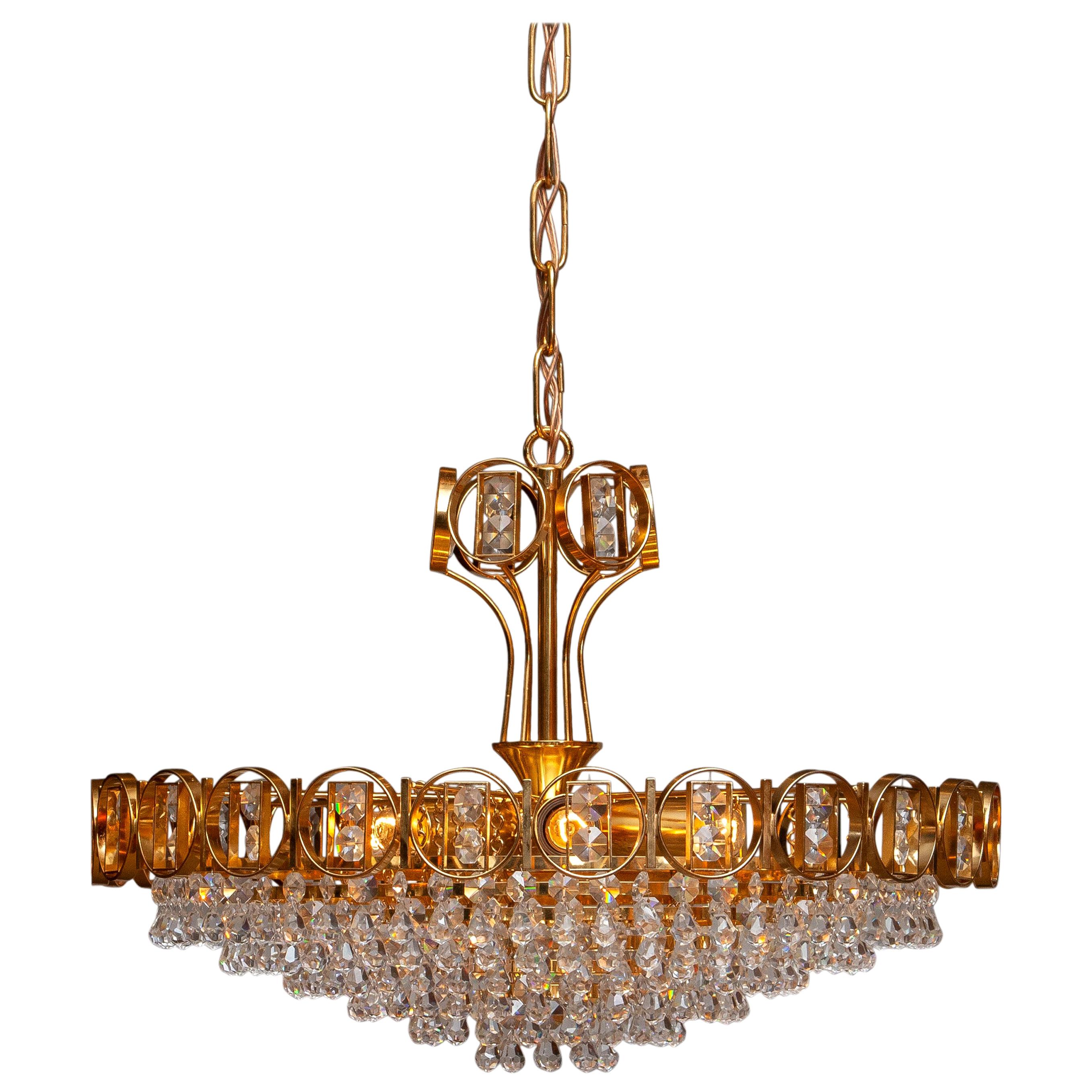 1970s, Gold-Plated Brass Chandelier with Faceted Crystals Made by Palwa, Germany