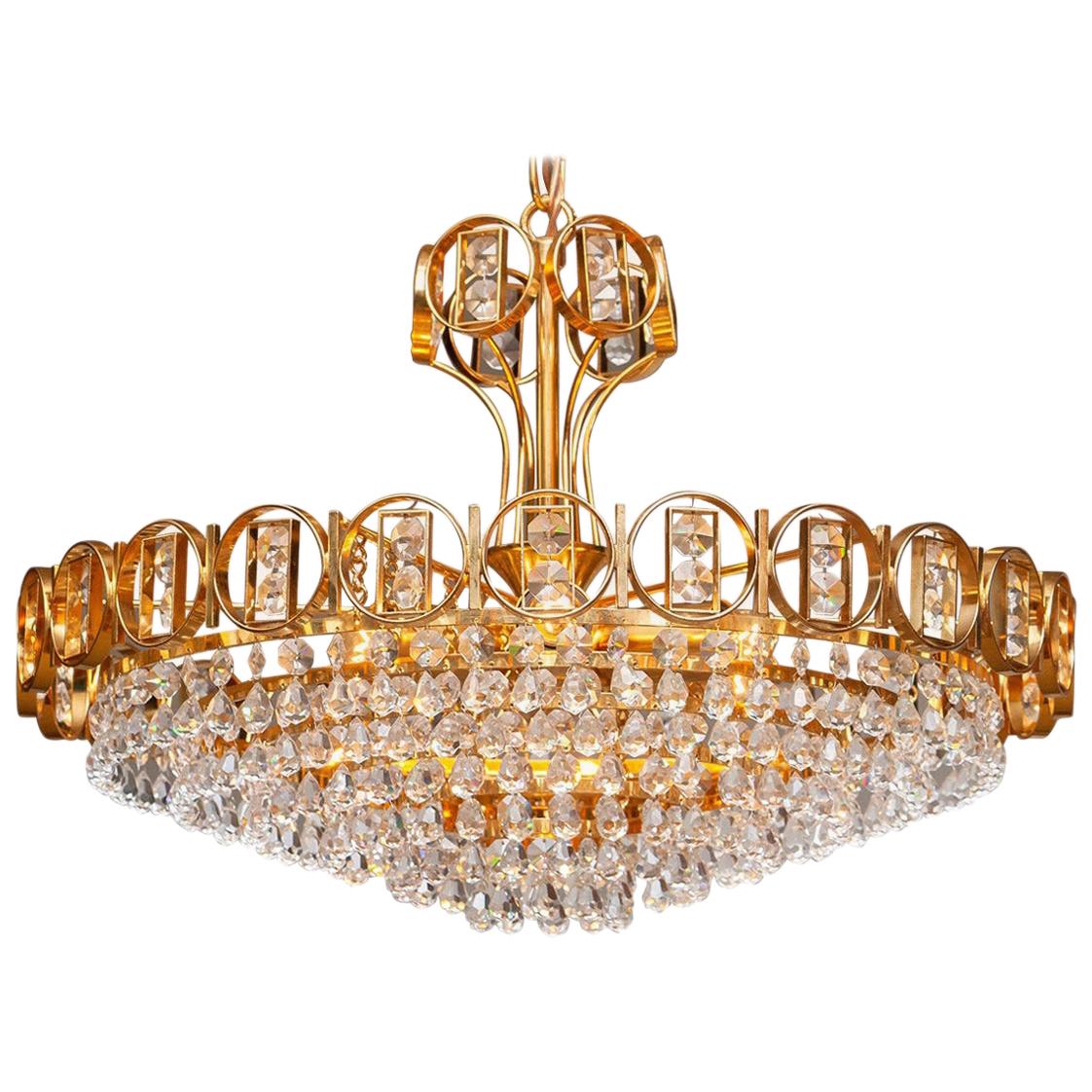 1970s, Gold-Plated Brass Chandelier with Faceted Crystals Made by Palwa, Germany