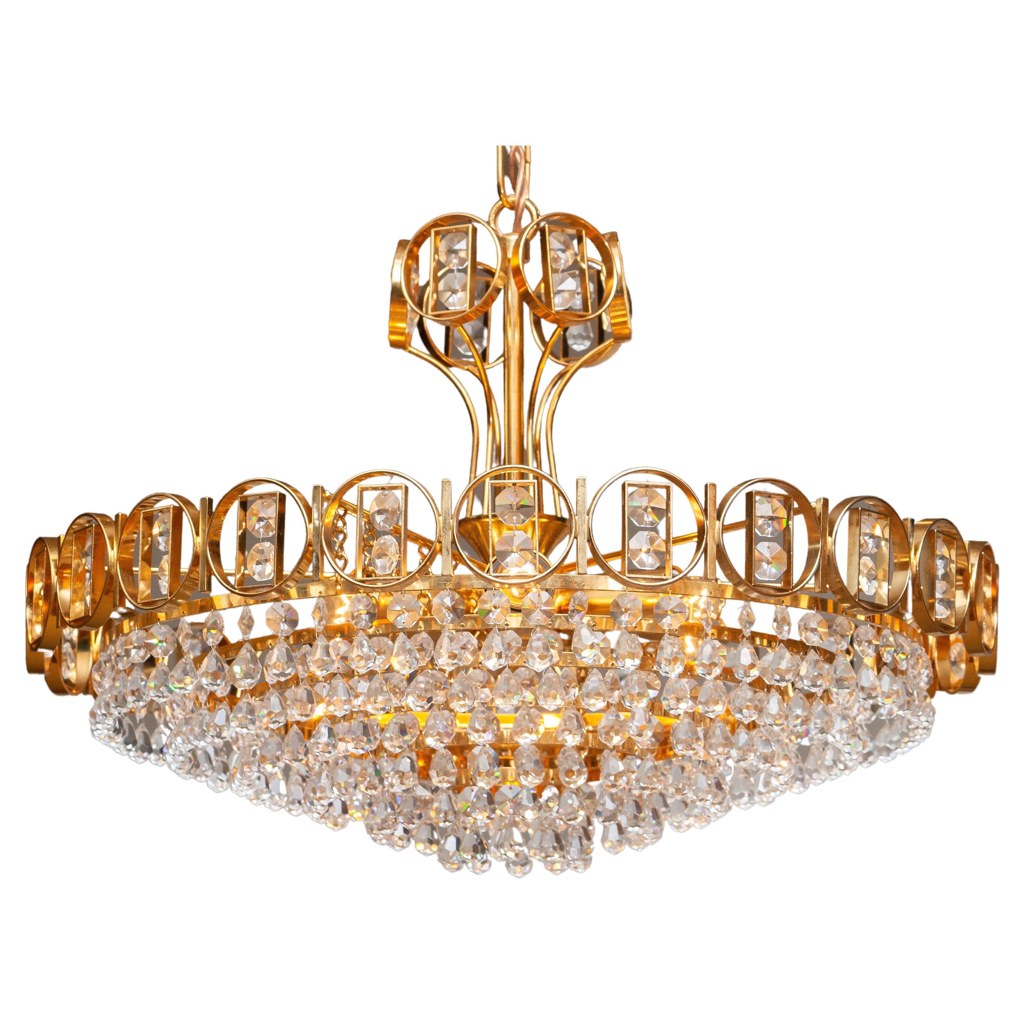 1970s, Gold-Plated Brass Chandelier with Faceted Crystals Made by Palwa, Germany For Sale