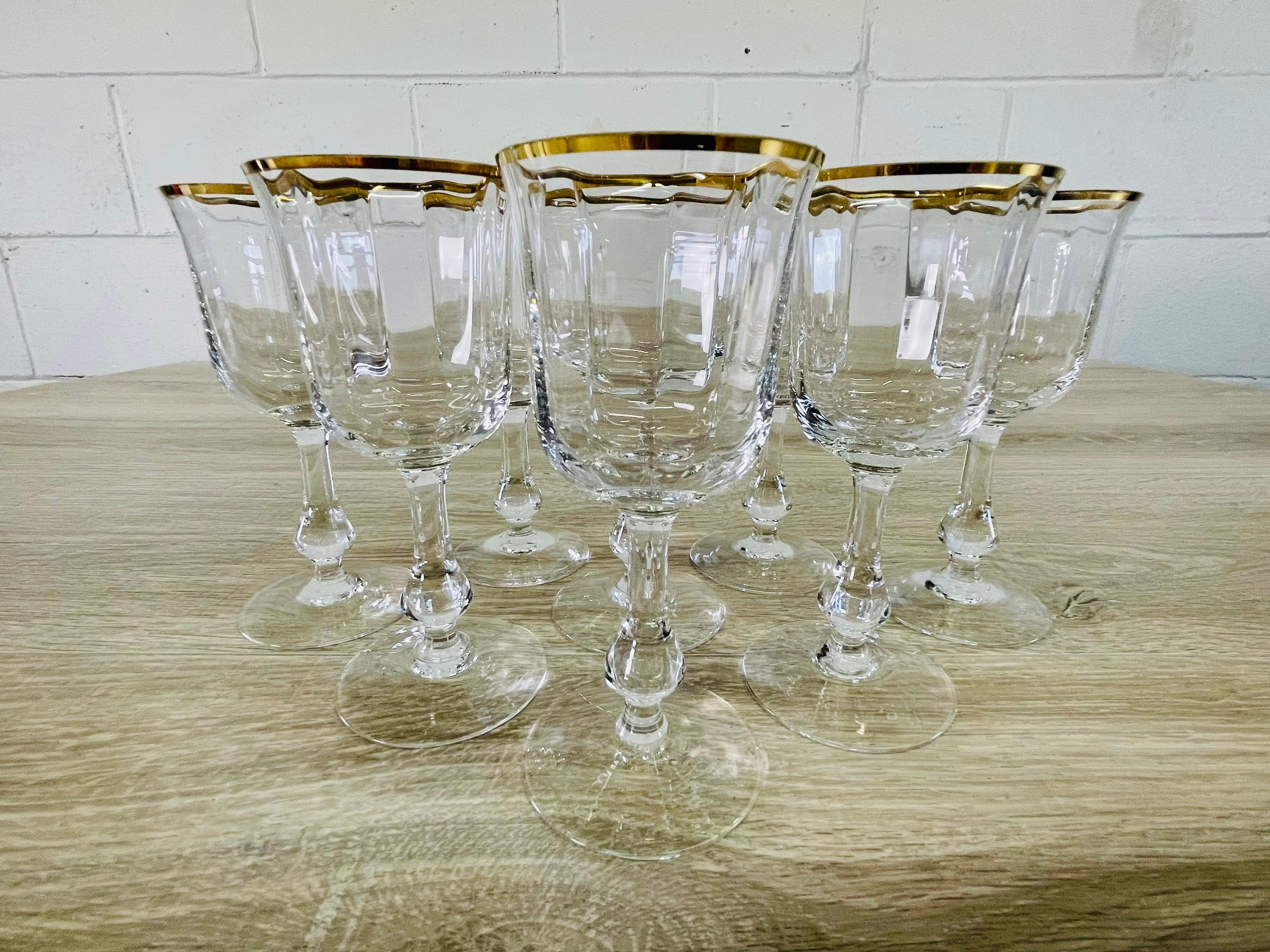 Mid-Century Modern 1970s Gold Rim Glass Wine Stems, Set of 8