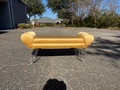 1970’s Gold Silk Upholstered Bench Lucite Legs