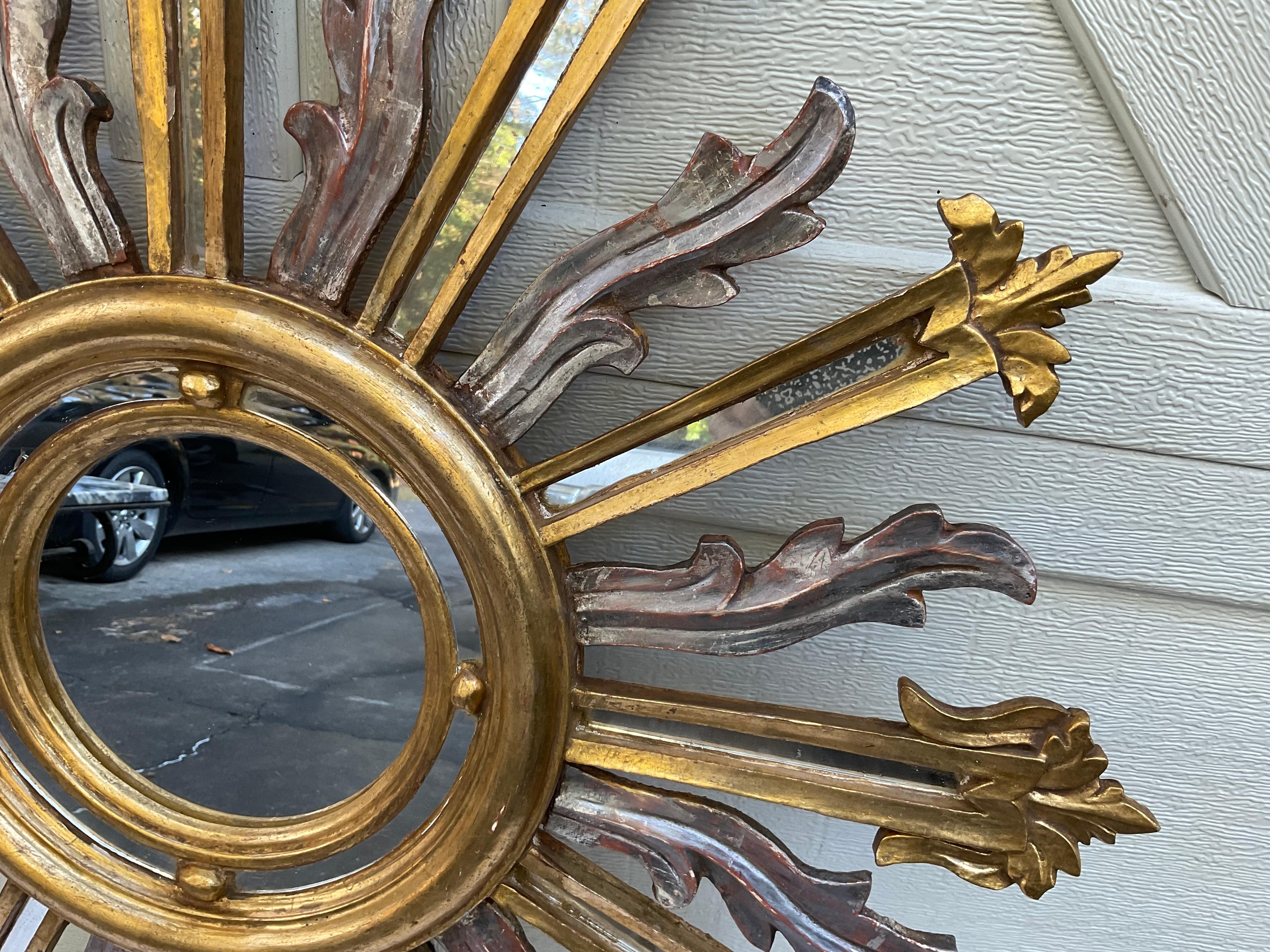 Hollywood Regency 1970s Gold & Silver Gilt Wood Sunburst Mirror