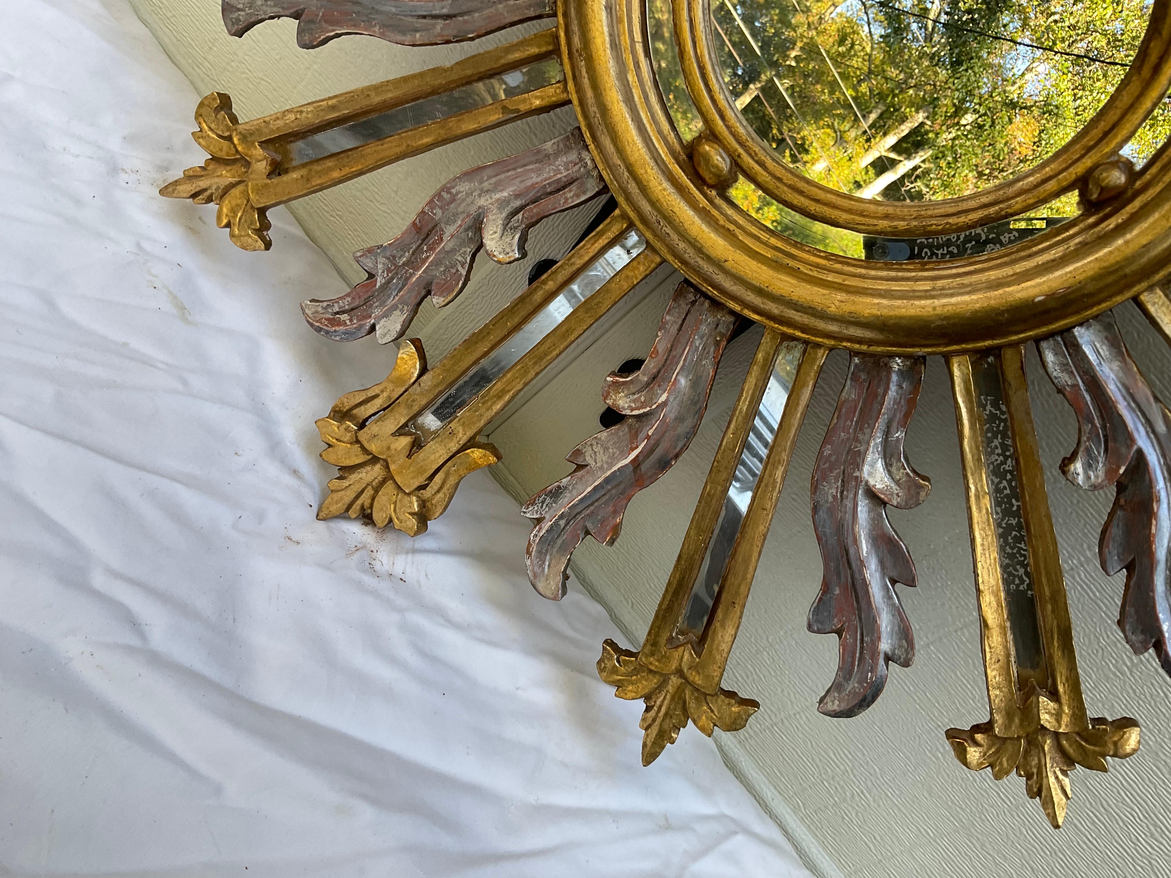Italian 1970s Gold & Silver Gilt Wood Sunburst Mirror