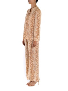 1970S Gold Snake Print Poly/Lurex Fine Knit Shirt & Pants Ensemble