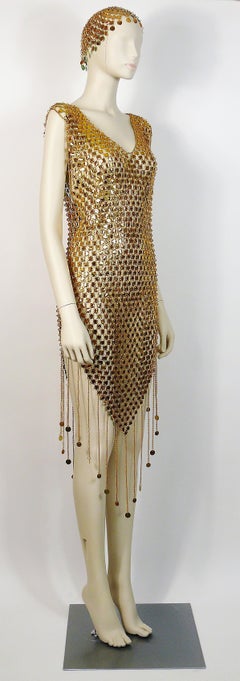 1970s Gold Toned Rhodhoid Chainmail Fringed Dress and Hat