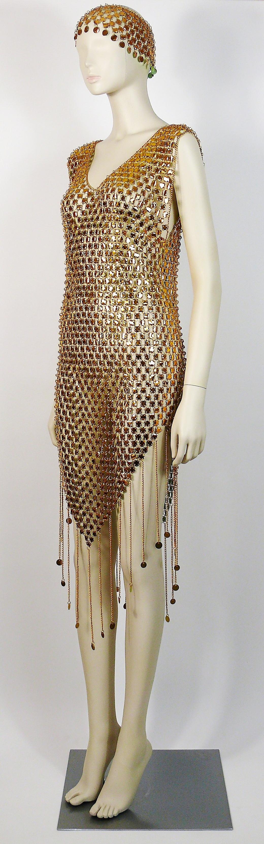 Brown 1970s Gold Toned Rhodhoid Chainmail Fringed Dress and Hat