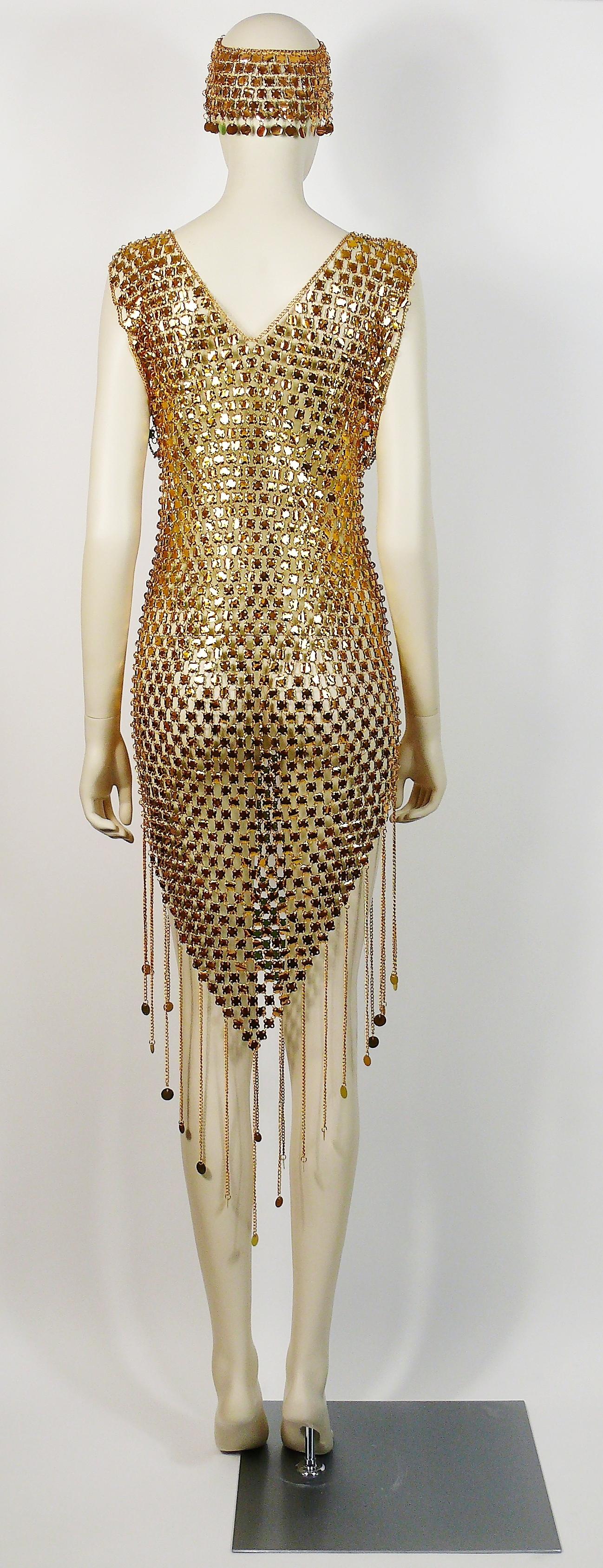 1970s Gold Toned Rhodhoid Chainmail Fringed Dress and Hat In Good Condition In Nice, FR