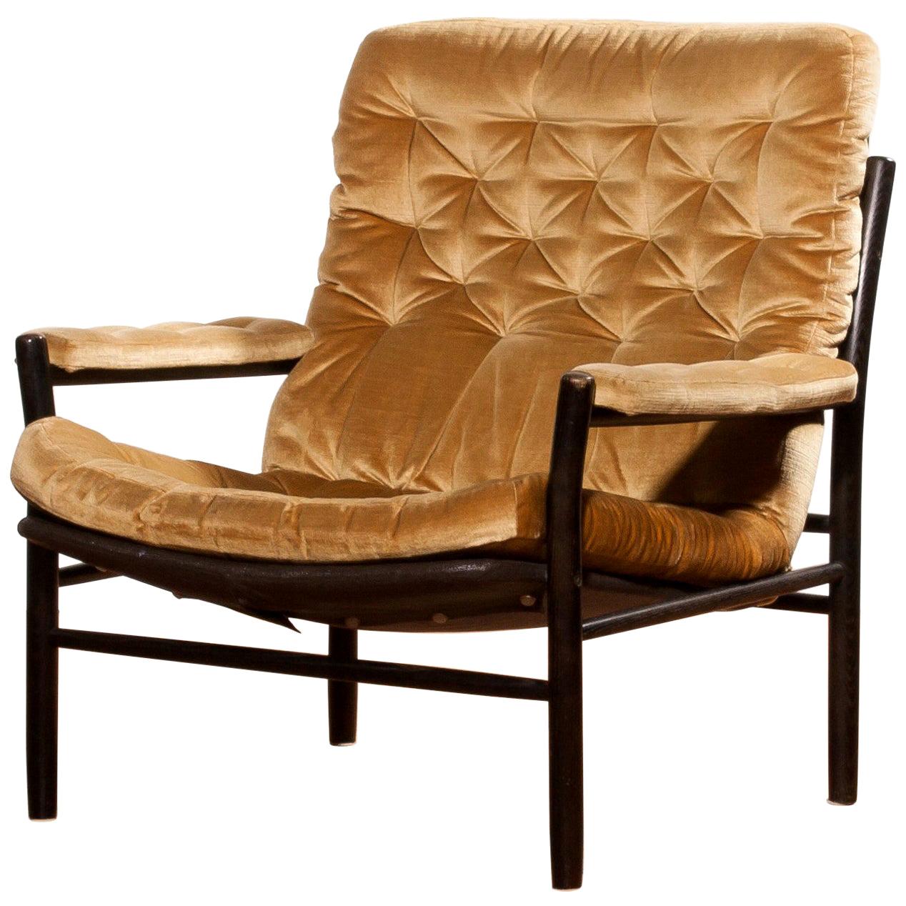 1970s, Gold Velours Lounge Chair by Kenneth Bergenblad for DUX, Sweden