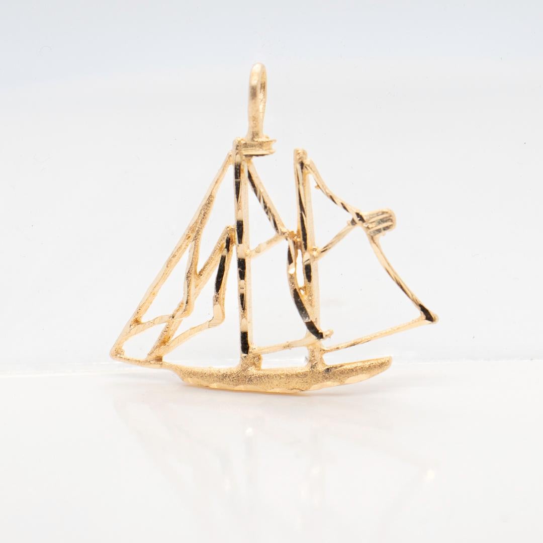 Modernist 1970's Gold Wire Two-Mast Sailboat Pendant for a Necklace For Sale