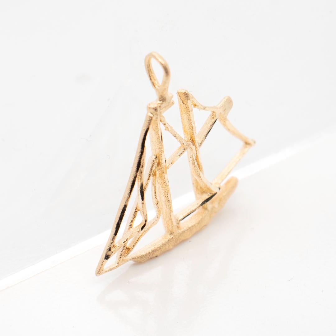 Women's or Men's 1970's Gold Wire Two-Mast Sailboat Pendant for a Necklace For Sale