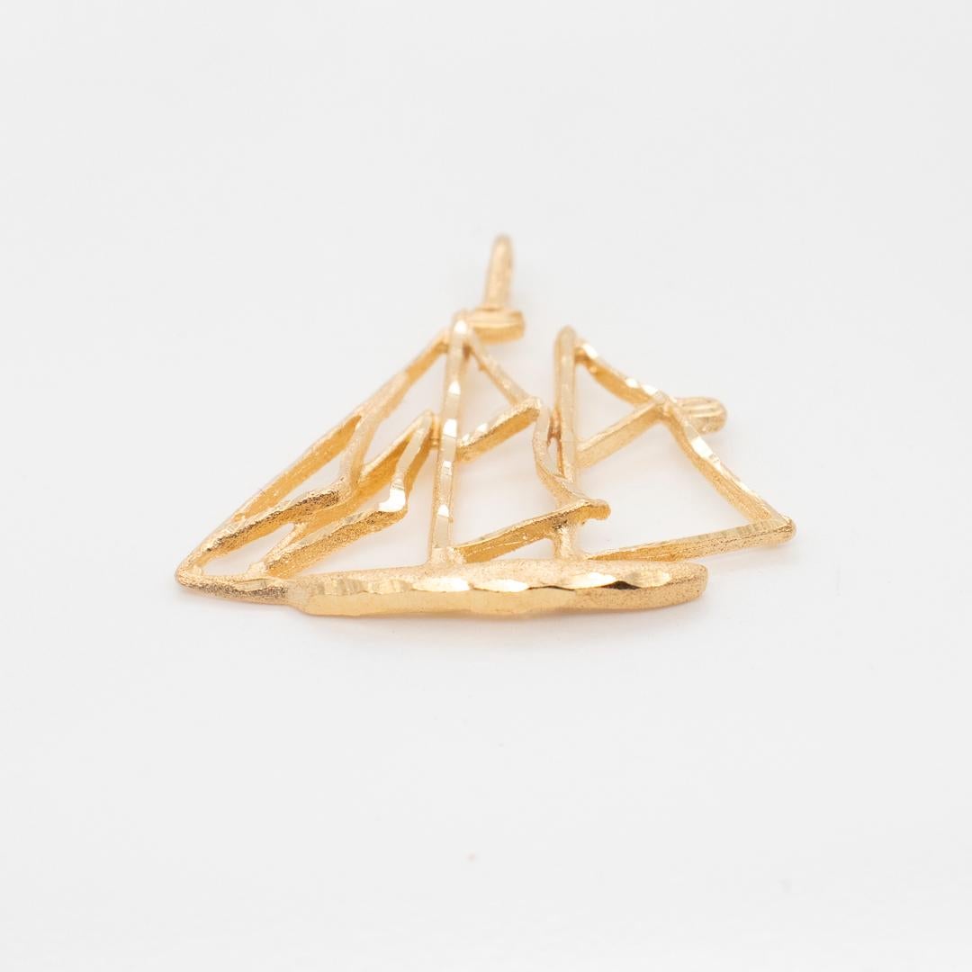 1970's Gold Wire Two-Mast Sailboat Pendant for a Necklace For Sale 2