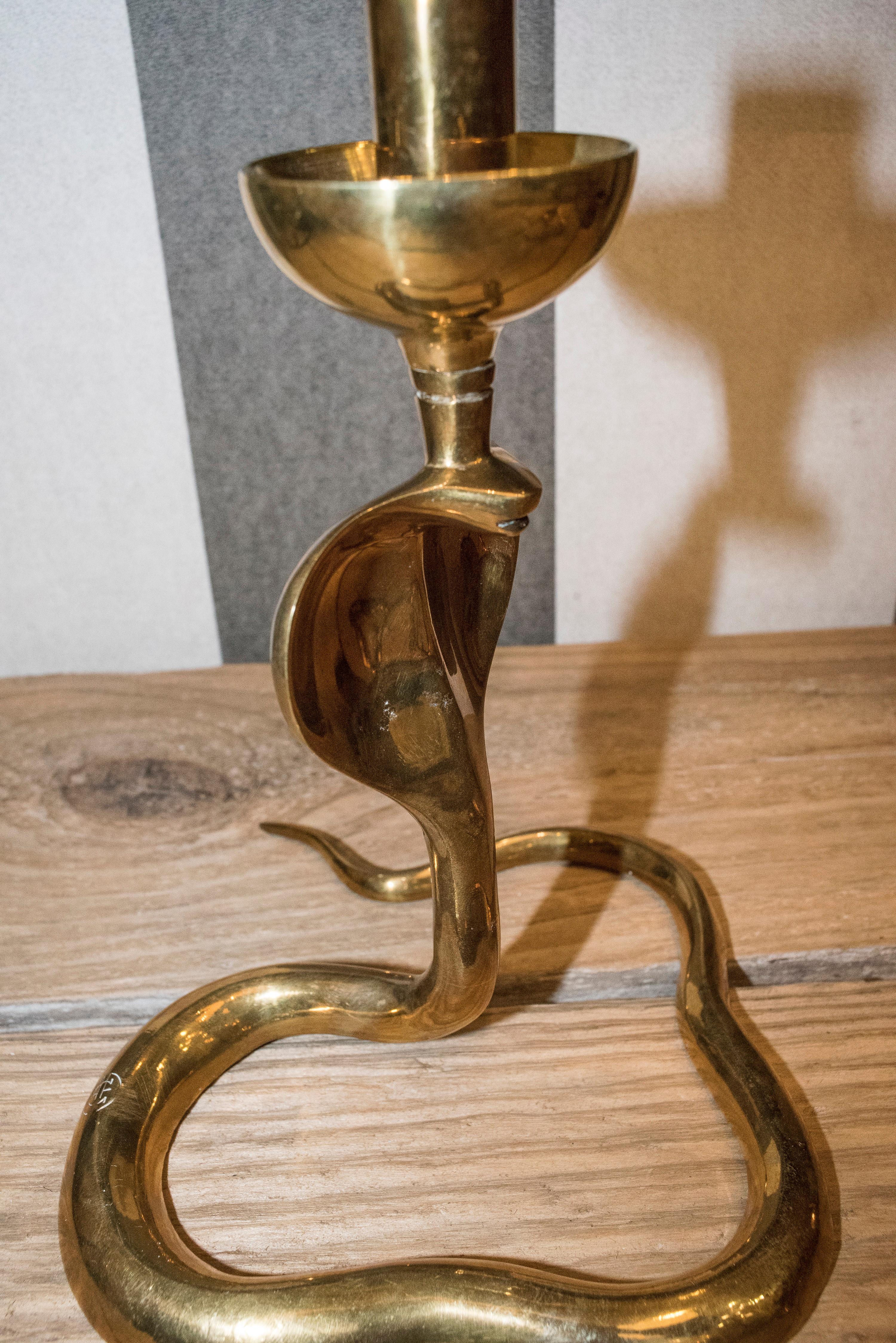 1970s Golden Brass Italian Couple of Cobra-Shaped Candelsticks, with Contrasts 9
