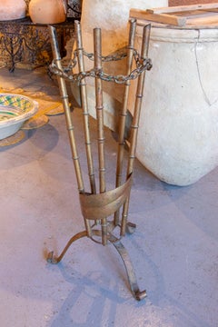 1970s Golden Iron Umbrella Stand Imitating Bamboo Leaves and Chain