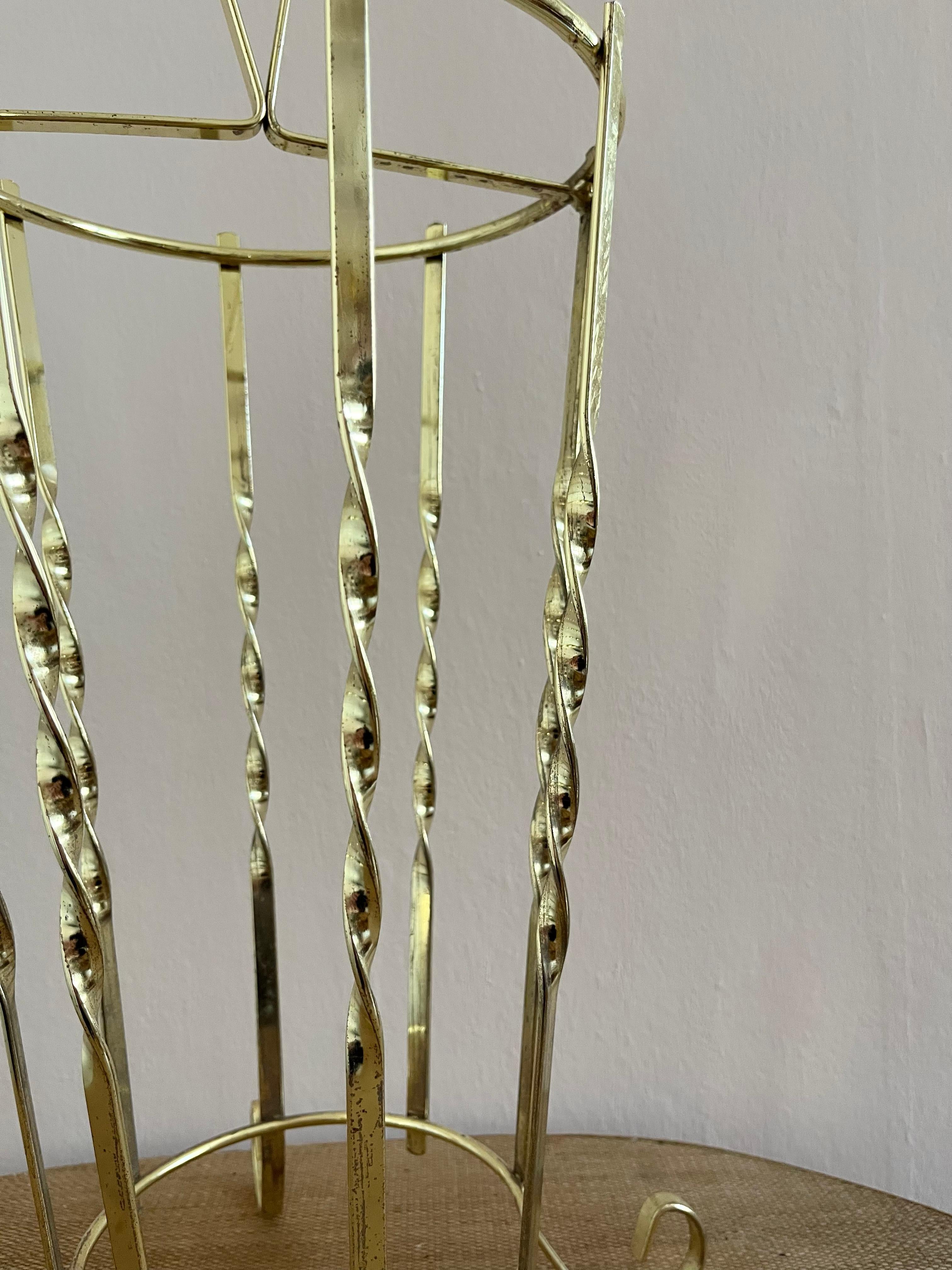 Swedish 1970s golden umbrella stand with twisted details For Sale