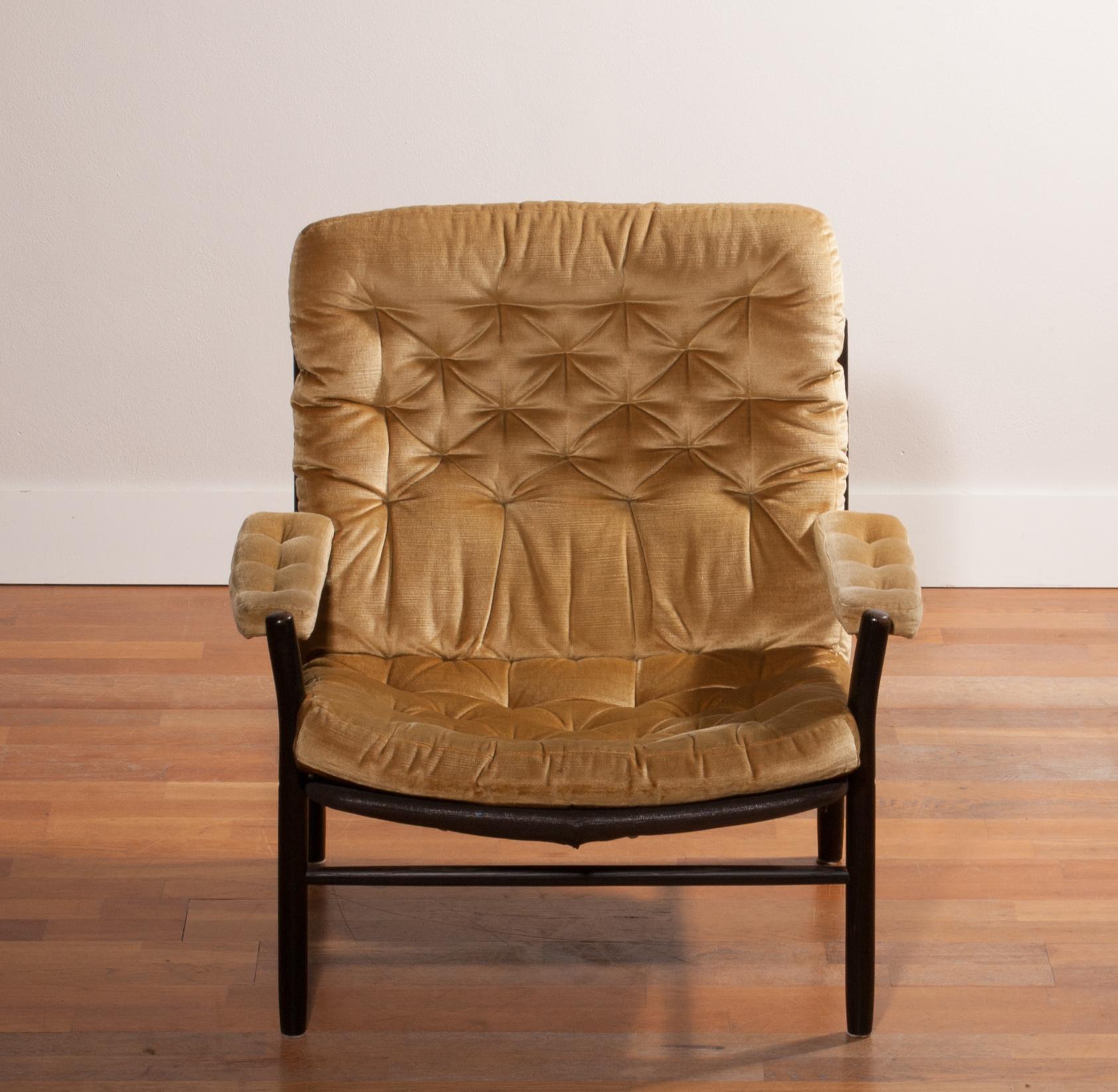 1970s, Golden Velours Lounge, Armchair by Kenneth Bergenblad for DUX, Sweden 1