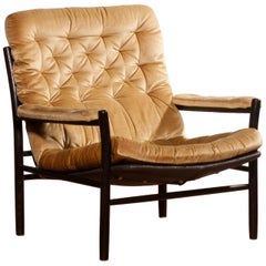 1970s, Golden Velours Lounge, Armchair by Kenneth Bergenblad for DUX, Sweden