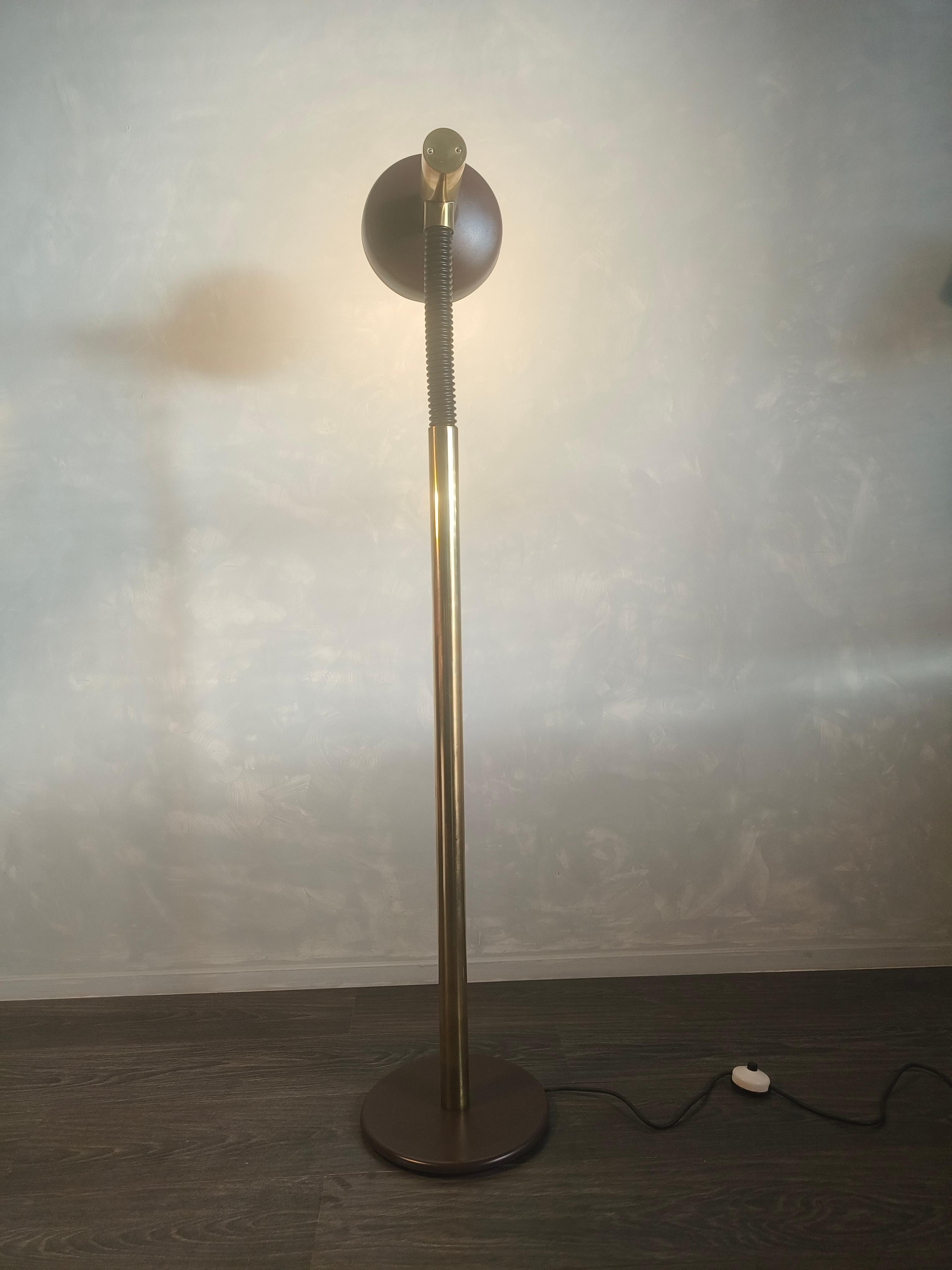 Adjustable Hillebrand goose neck floor lamp with brass accents made by the German company Hillebrand Leuchten in the seventies. The hood can rotate, and the upper part of the arm is flexible. This Hillebrand lamp is from the 1970s and is still in