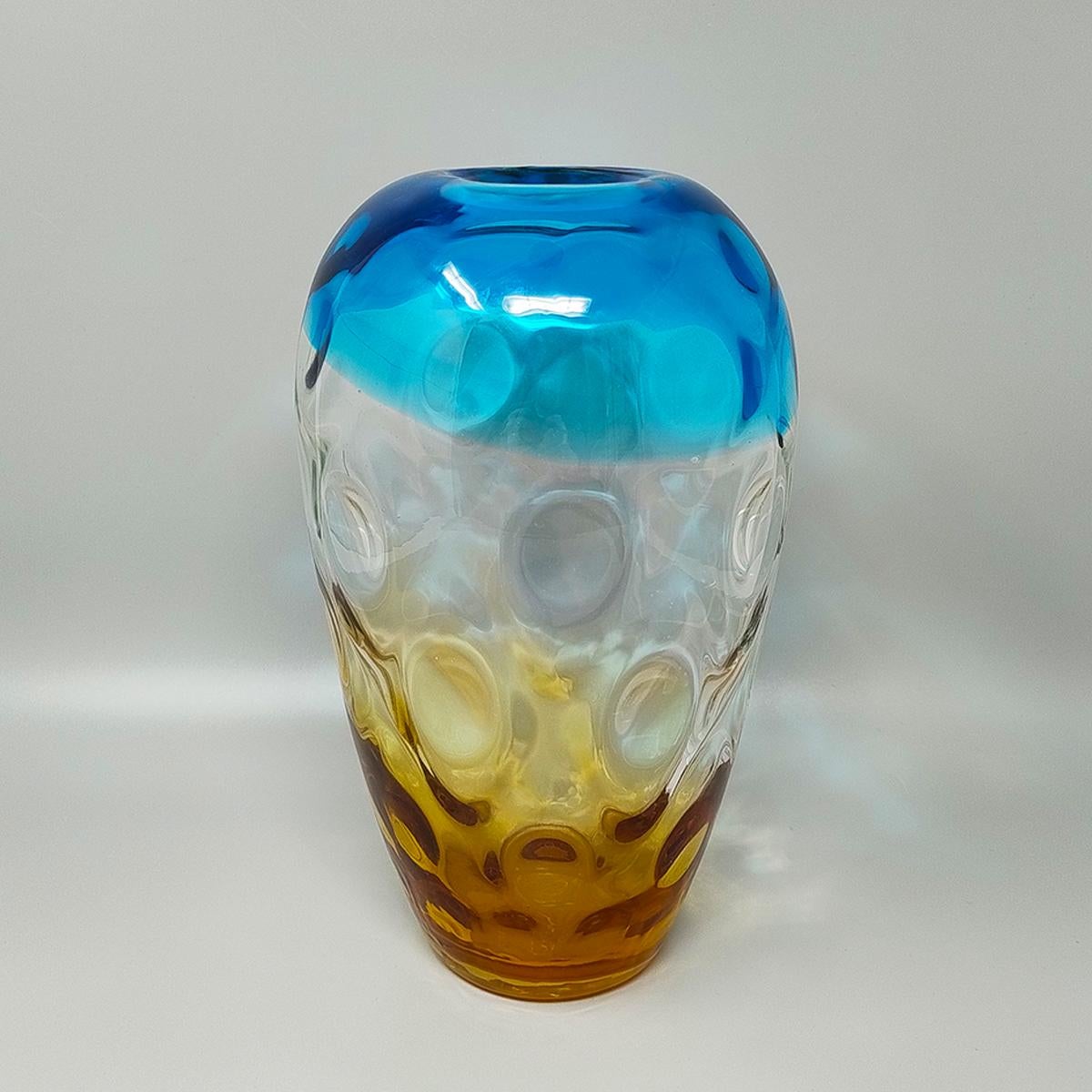 Mid-Century Modern 1970s Gorgeous Blue and Amber Vase in Murano Glass By Ca Dei Vetrai. For Sale