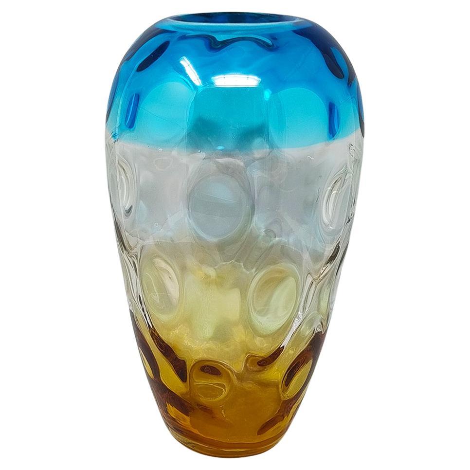 1970s Gorgeous Blue and Amber Vase in Murano Glass By Ca Dei Vetrai. For Sale