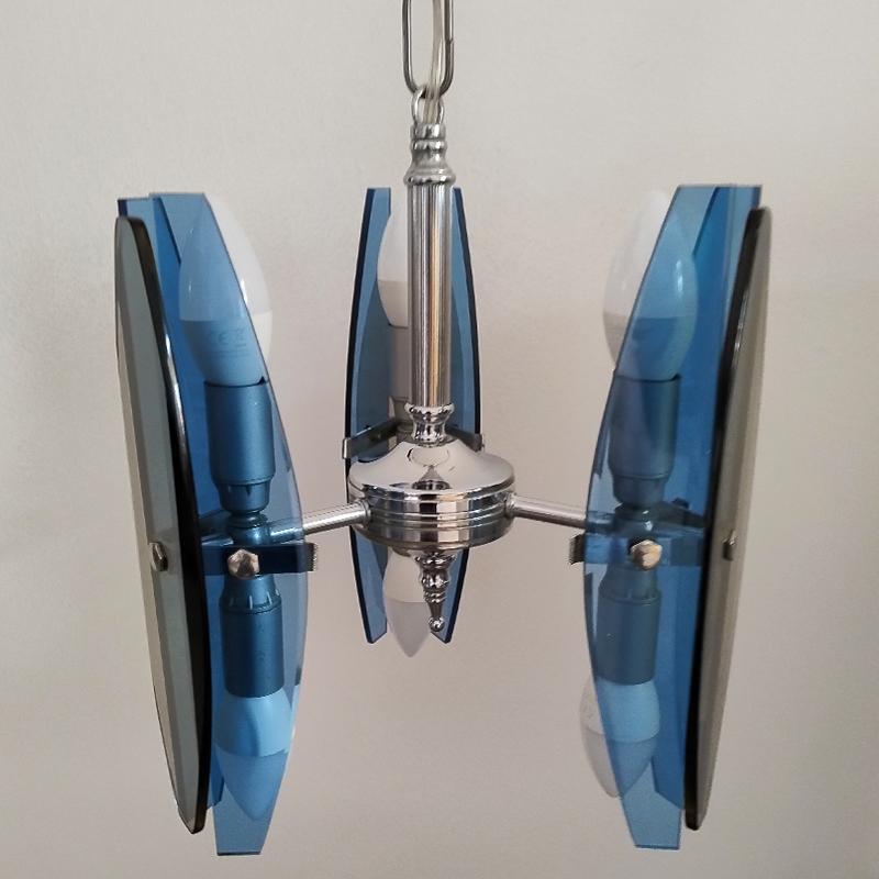 Mid-Century Modern 1970s Gorgeous Blue and Smoked Glass Pendant Lamp by Veca. Made in Italy For Sale
