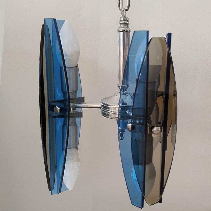 Italian 1970s Gorgeous Blue and Smoked Glass Pendant Lamp by Veca. Made in Italy For Sale