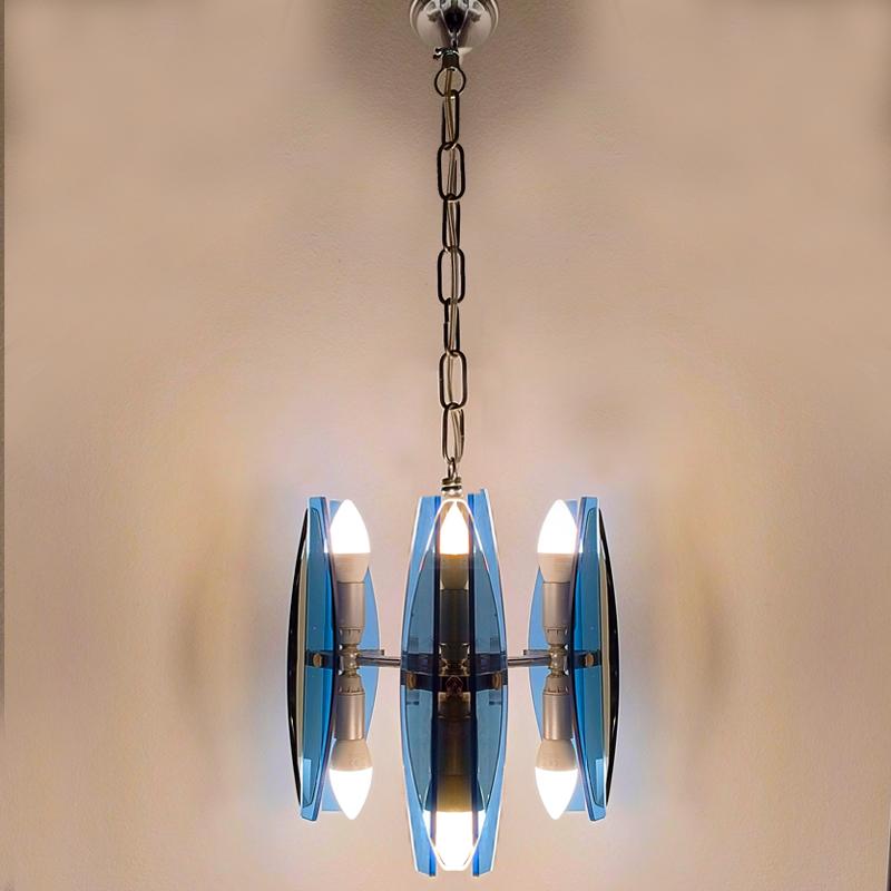 Late 20th Century 1970s Gorgeous Blue and Smoked Glass Pendant Lamp by Veca. Made in Italy For Sale