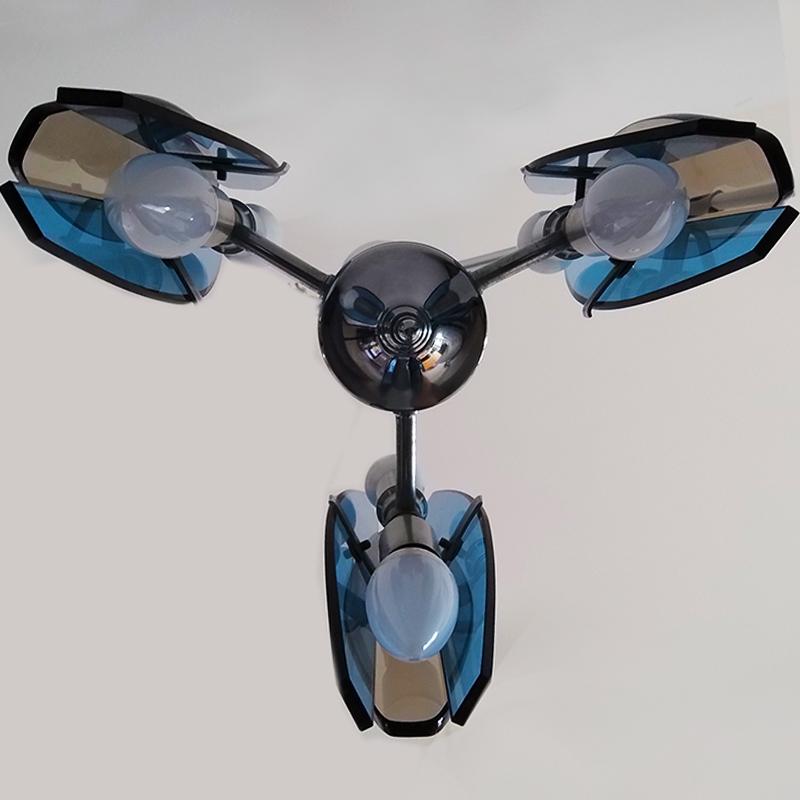 1970s Gorgeous Blue and Smoked Glass Pendant Lamp by Veca. Made in Italy For Sale 2