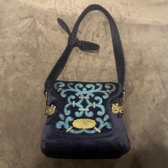 1970s Gorgeous Blue and Turquoise Velvet and Brass Shoulder Bag by Beghé Reation
