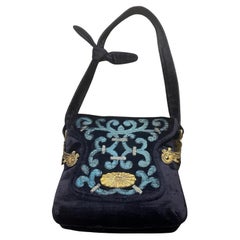 1970s Gorgeous Blue and Turquoise Velvet and Brass Italian Shoulder Bag