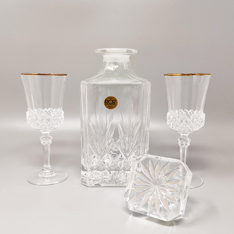 Mid-Century Modern 1970s Gorgeous Crystal Decanter with 2 Crystal Glasses by RCR. Made in Italy For Sale