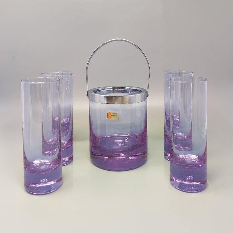 Mid-Century Modern 1970s Gorgeous Crystal Ice Bucket with 4 Glasses by Ivat. Made in Italy For Sale