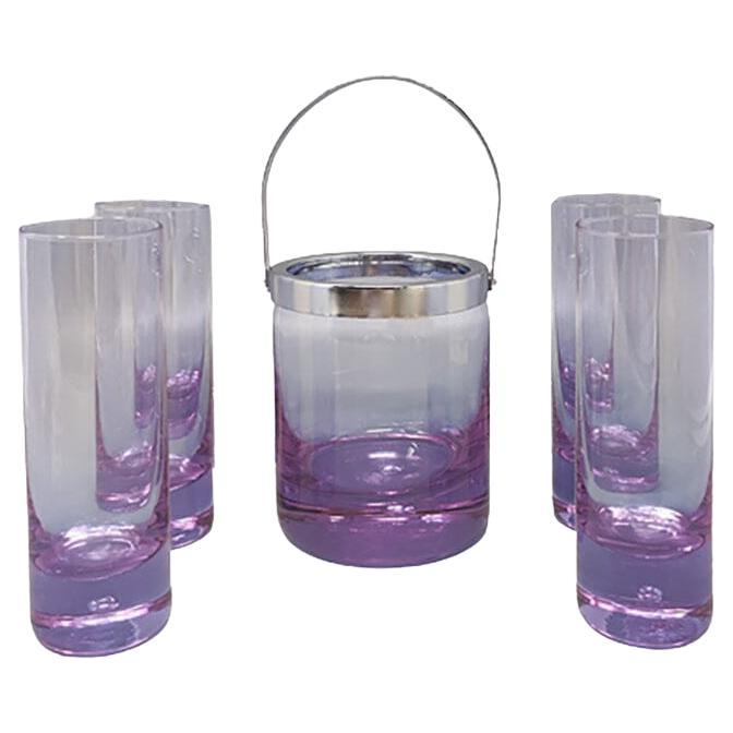 1970s Gorgeous Crystal Ice Bucket with 4 Glasses by Ivat. Made in Italy