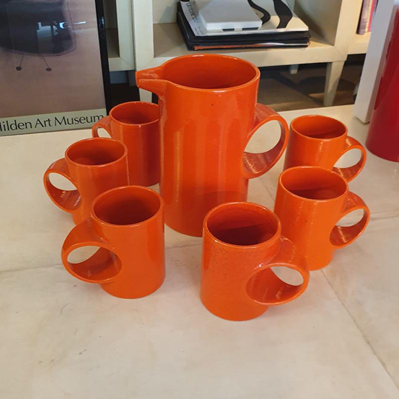 Mid-Century Modern 1970s Gorgeous Orange Set of Six Cups with Pitcher in Ceramic by Gabbianelli For Sale