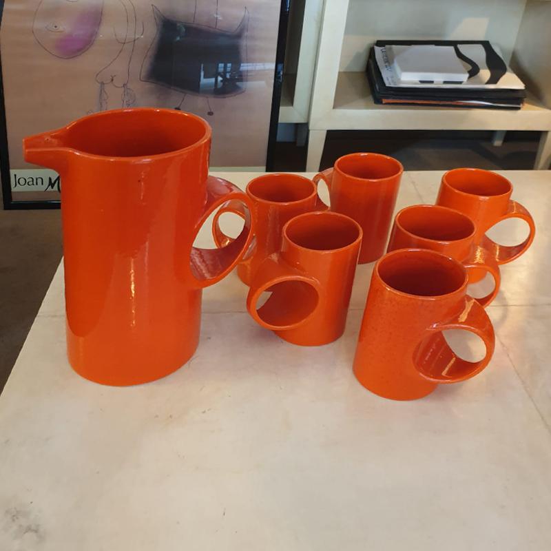 Italian 1970s Gorgeous Orange Set of Six Cups with Pitcher in Ceramic by Gabbianelli For Sale