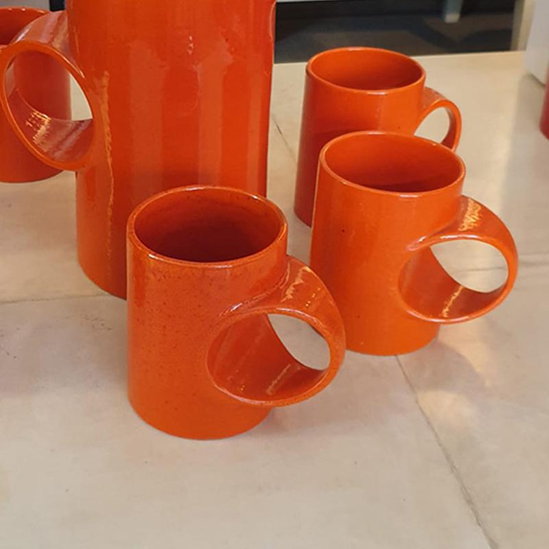 Late 20th Century 1970s Gorgeous Orange Set of Six Cups with Pitcher in Ceramic by Gabbianelli For Sale