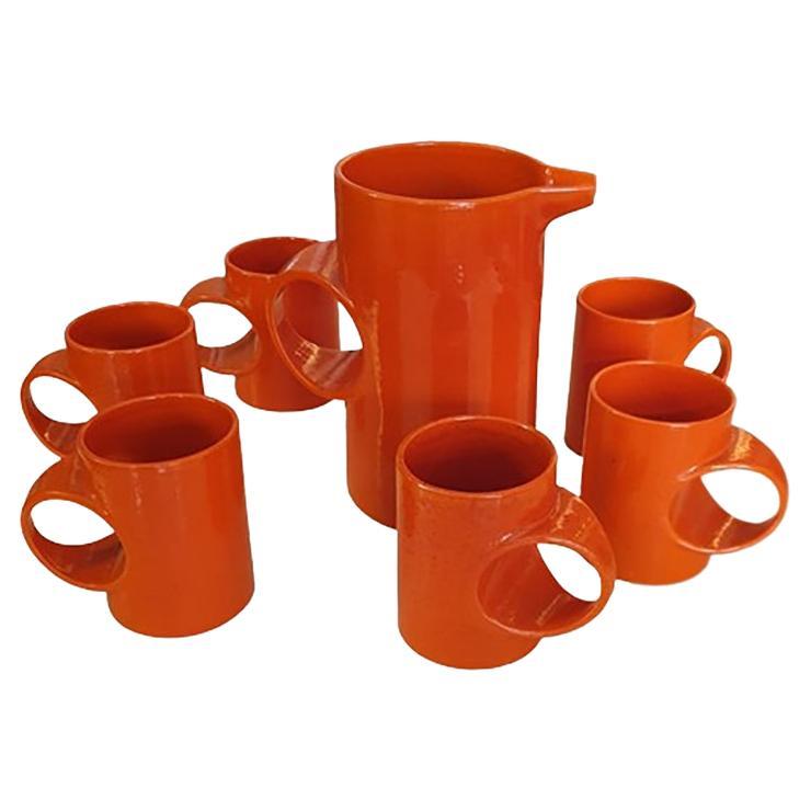 1970s Gorgeous Orange Set of Six Cups with Pitcher in Ceramic by Gabbianelli