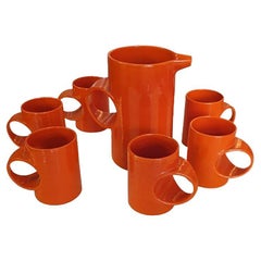 Retro 1970s Gorgeous Orange Set of Six Cups with Pitcher in Ceramic by Gabbianelli