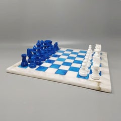 1970s Gorgeous Sky Blue and White Chess Set in Volterra Alabaster Handmade. Made