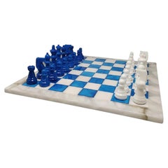1970s Gorgeous Sky Blue and White Chess Set in Volterra Alabaster Handmade. Made