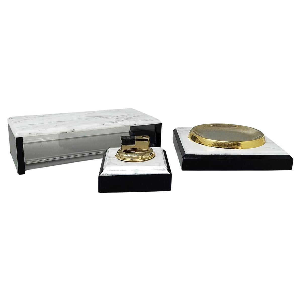 1970s Lucite and Brass Smoking Set, Table Lighter and Ashtray, Italy