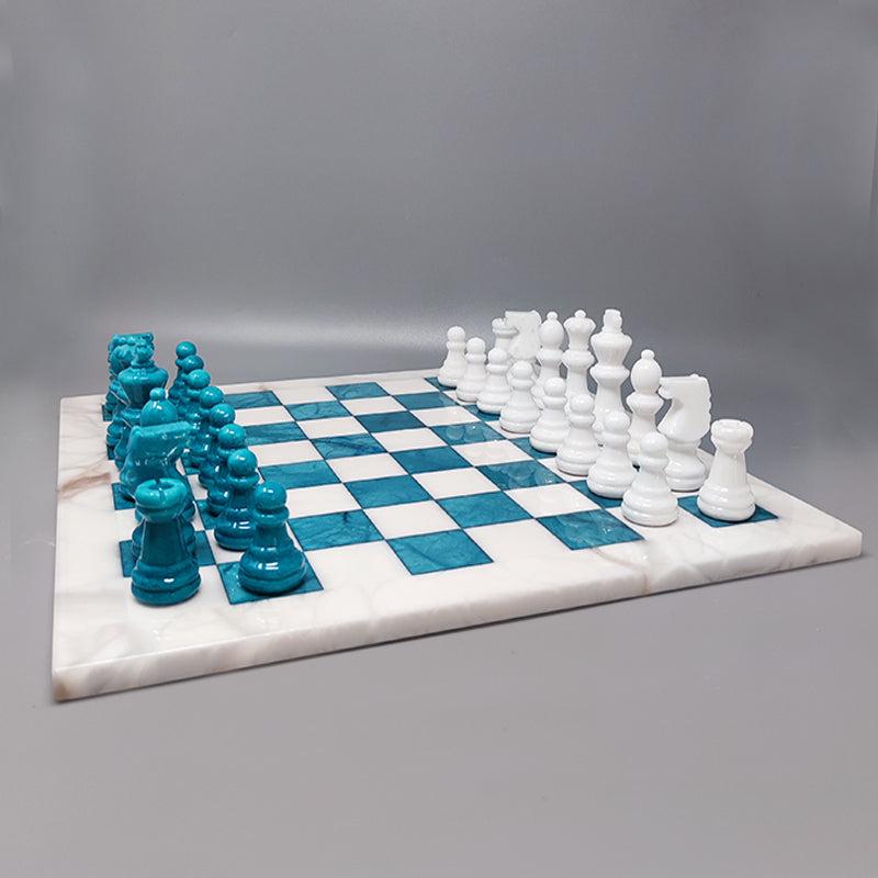 Mid-Century Modern 1970s Gorgeous Turquoise and White Chess Set in Volterra Alabaster Handmade Made For Sale