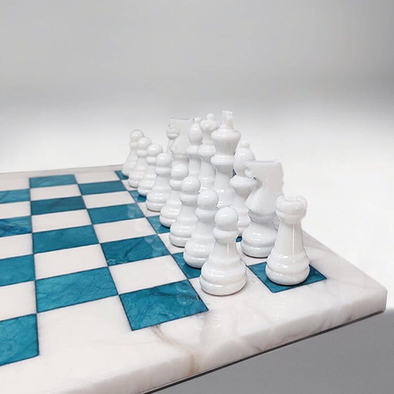 Late 20th Century 1970s Gorgeous Turquoise and White Chess Set in Volterra Alabaster Handmade Made For Sale