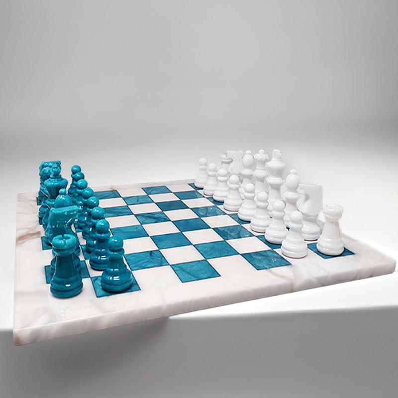 Mid-Century Modern 1970s Gorgeous Turquoise and White Chess Set in Volterra Alabaster Handmade Made For Sale