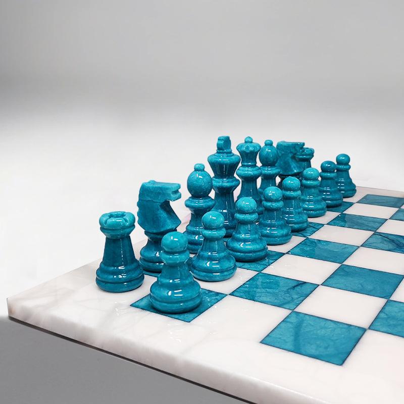 Italian 1970s Gorgeous Turquoise and White Chess Set in Volterra Alabaster Handmade Made For Sale