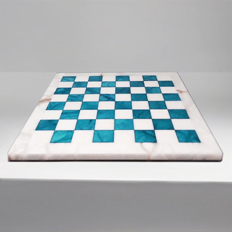 Late 20th Century 1970s Gorgeous Turquoise and White Chess Set in Volterra Alabaster Handmade Made For Sale
