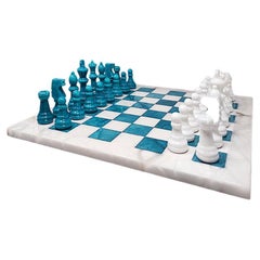 1970s Gorgeous Turquoise and White Chess Set in Volterra Alabaster Handmade Made