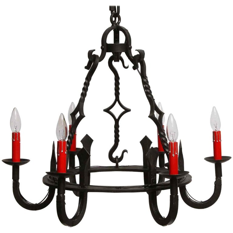 1970s Gothic Black Wrought Iron Chandelier with Red Candle Sleeves For