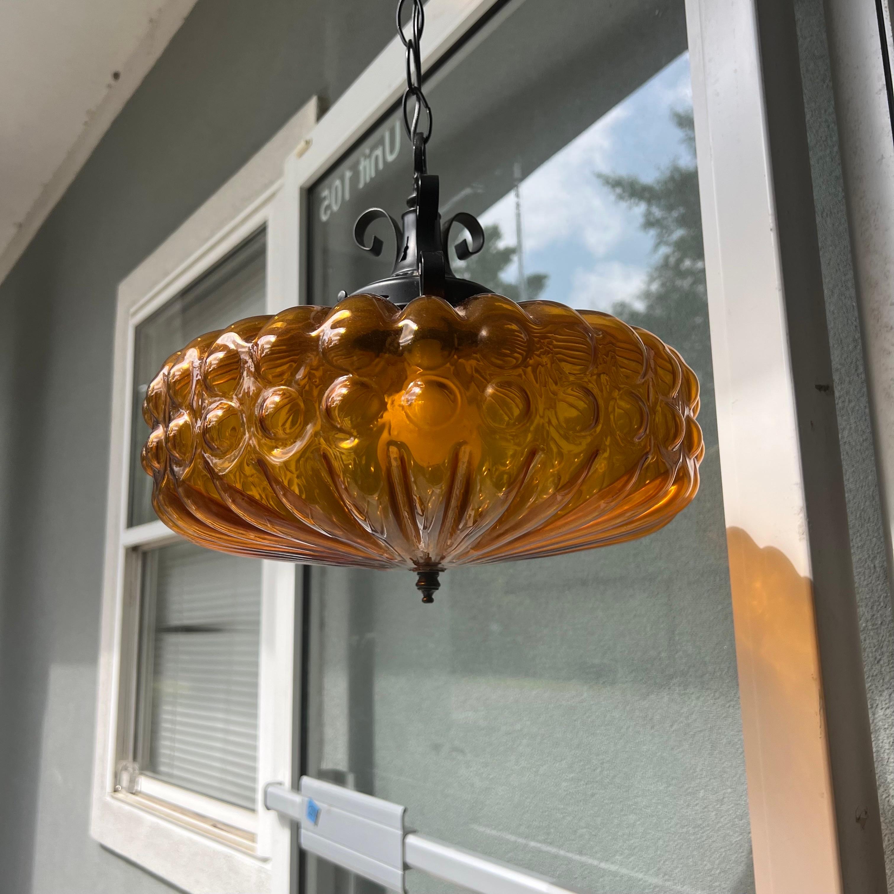 1970’s Gothic/Spanish Revival Amber Bubble Glass Pendant Light/Chandelier  In Good Condition In Charleston, SC