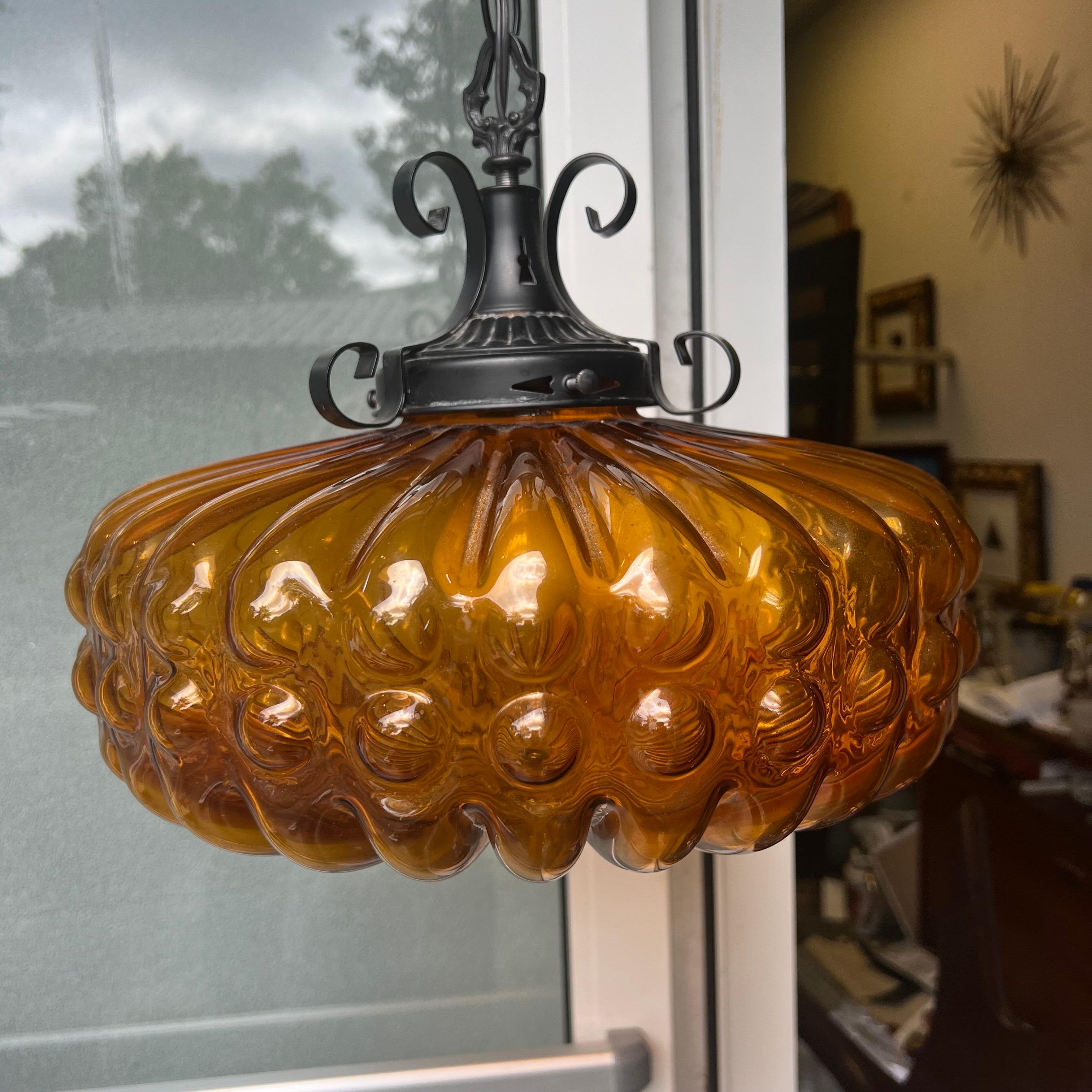 Late 20th Century 1970’s Gothic/Spanish Revival Amber Bubble Glass Pendant Light/Chandelier 